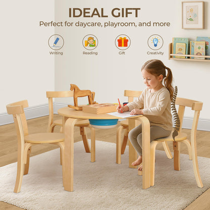 Bateso Kid Round Table and 4 Chairs Set with Storage Tub, Wooden Toddler Table Chair for Arts, Crafts, Eating, Learning, Kid Play and Activity Table for Home, Daycare or Playroom