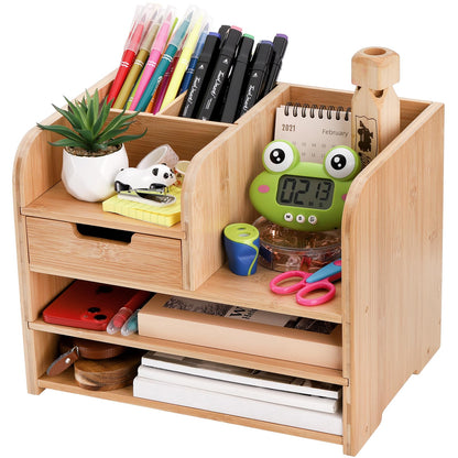 Frcctre Bamboo Desktop Organizer with Drawer, 3 Tier Wooden Desk File Document Organizer with Pen Holder, Tabletop Stationery Storage Organizer Storage Rack for Desk Accessories, Office Supplies