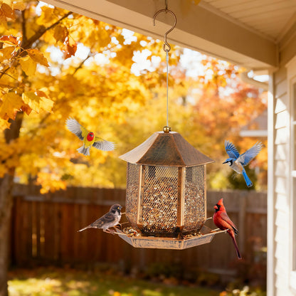 Bird Feeder, Heavy Duty Metal Bird Feeders for Outdoors Hanging, Weather Resistant Wild Bird Feeders for Outside Garden Yard, 3.5LB Seed Capacity, Hexagon Gazebo Style