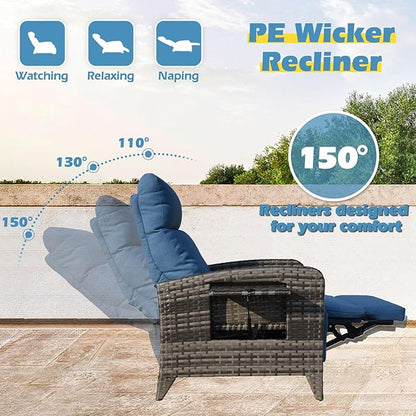 Outdoor Recliner Chairs Set of 2, Reclining Patio Chairs with Adjustable Back up to 150°Lay Flat and Extended Footrest, Wicker Recliner Chairs with Flip Table and Removable Olefin Cushion