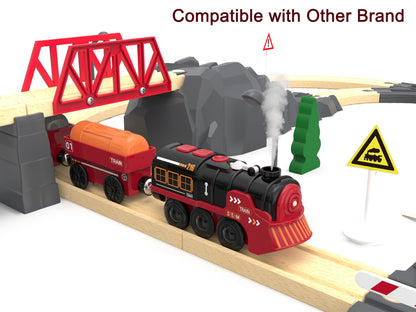 Toy Train Electric Train Set for Wooden Tracks, Christmas Motorized Train Toys for Toddlers, Battery Operated Train Includes Lights, Sounds, Smoke, Steam Train Compatible with Thomas, Brio