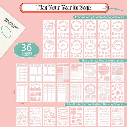 Midenco Bullet Journal Stencils (36PCS), Journal Supplies Accessories Kit for Bullet Journaling & Planner