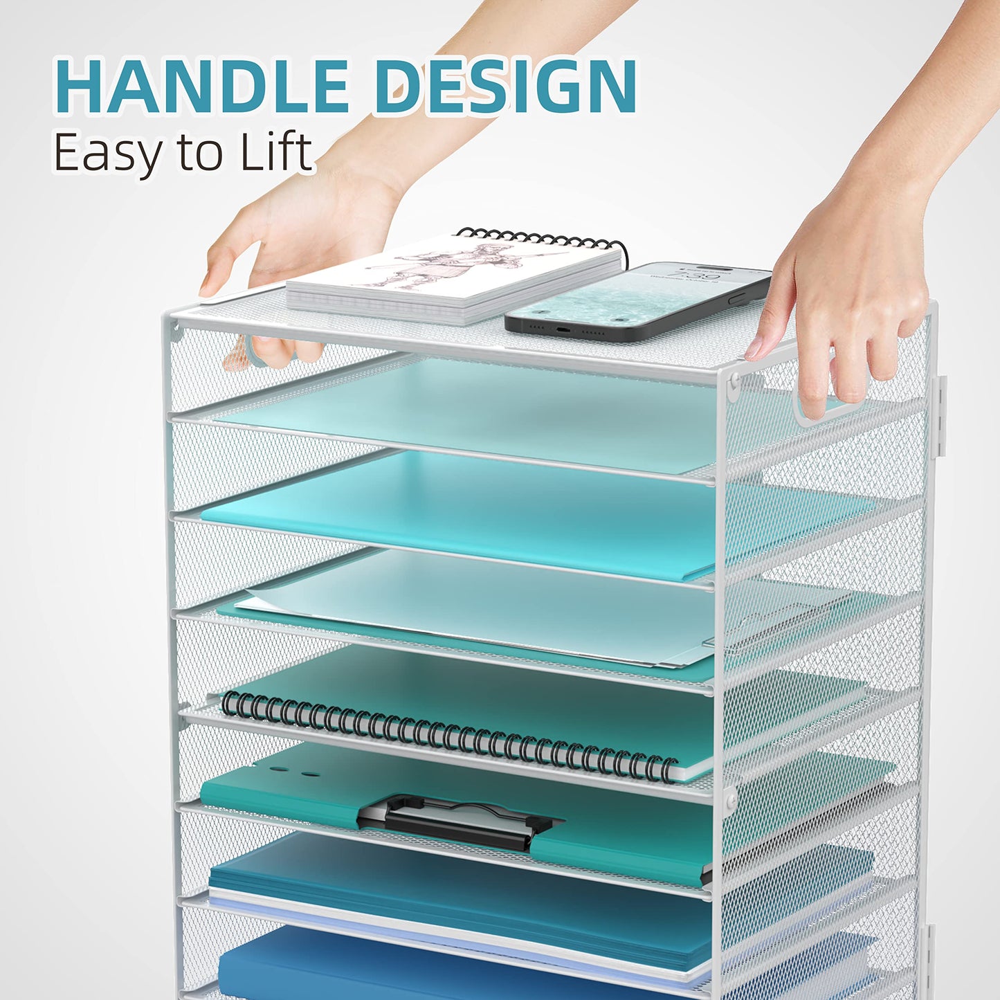 DALTACK 9-Tier Paper Organizer for Desk, Mesh Letter Tray Desk Organizer with Handles, Space-Saving File Organizer for Office Home School, White