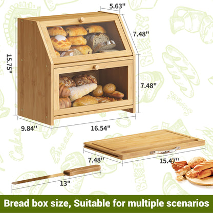 BMOSU Bread Box with Cutting Board Kitchen Bread Storage Organizer Farmhouse Countertop Double Bamboo Wood Bread Box(Natural)