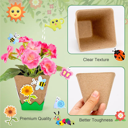 Ayfjovs 30 Pack Garden Paper Pot Craft Kit, Square Plant Pots with 120 PCS Adhesive Foam Stickers & 30 PCS Plant Pots Labels, Plant Craft for Classroom DIY Planting, Kids Summer Craft, Father's Day