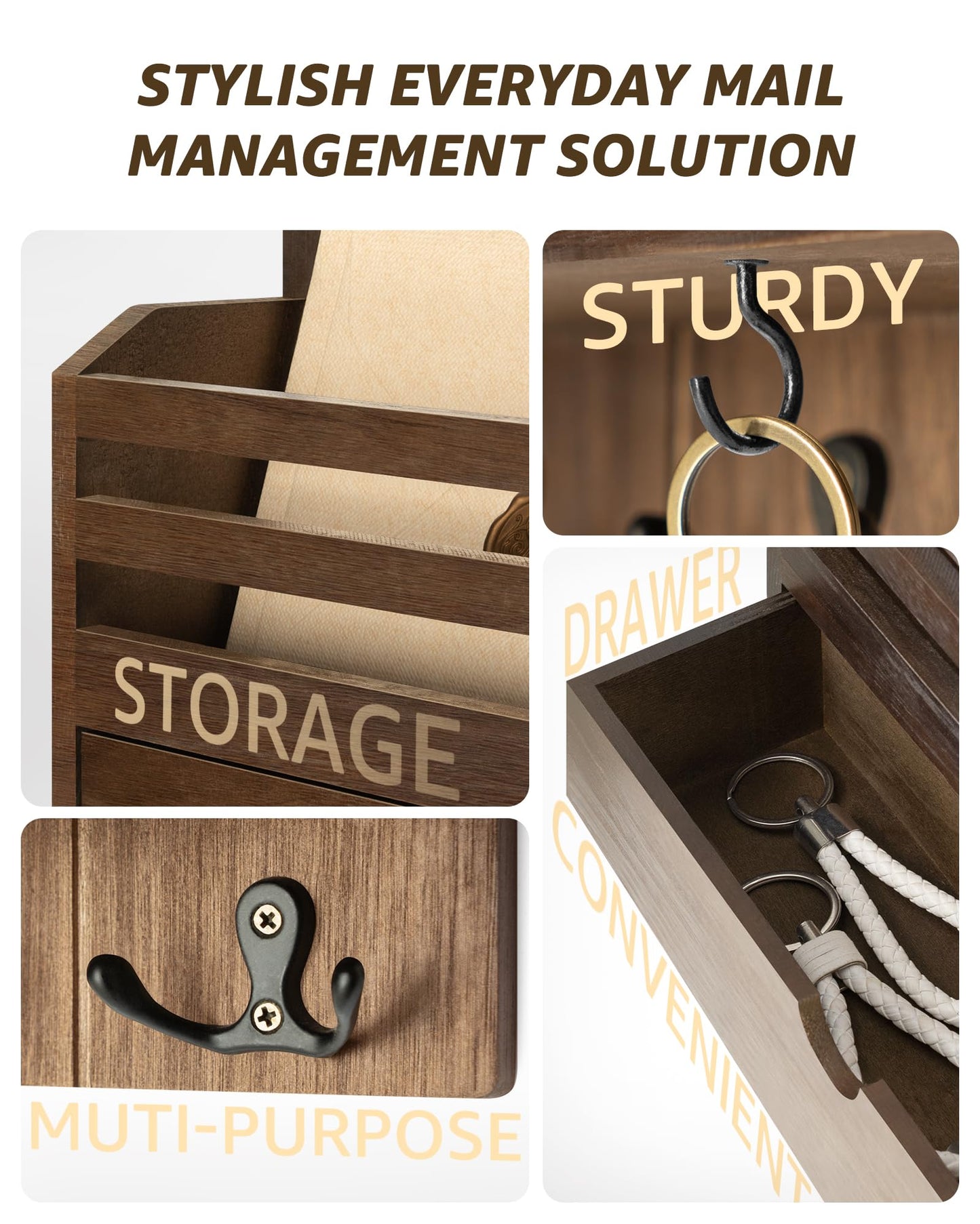 Rebee Vision Farmhouse Wood Mail Organizer Wall Mount - Key and Mail Holder for Wall with Storage Drawer and 7 Key Hooks - Rustic Home Decor for Entryway, Office and Garage (Retro Brown)