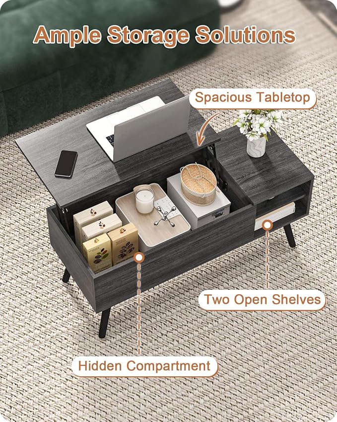 ALINE FURNITURE Gray Coffee Table Lift Top - Dark Grey Coffee Table with Solid Wood Legs, Hidden Storage Compartment & Open Shelves - 40" Rectangle Coffee Tables for Living Room
