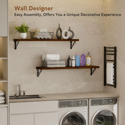 Teneyu Floating Shelves for Wall with Metal Brackets | 36-Inch Pine, Walnut 2-Pack