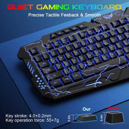 BlueFinger Gaming Keyboard and Mouse,USB Wired Backlit Gaming Mouse and Keyboard Combo,Letters Glow, 3 Color Crack Backlit,Illumination Keyboard and Mouse Set for Game and Work