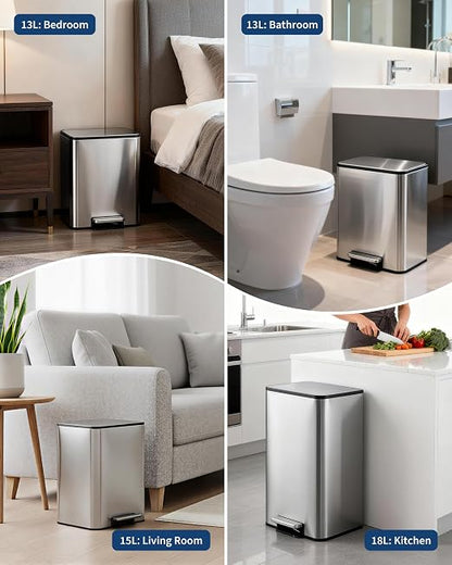 3.4 Gallon/13 Liter Trash Can, Stainless Steel Step Garbage Can with Quiet Soft-Close Lid, Foot Pedal & Removable Inner Bucket, Rectangular Trash Bin for Bathroom Home Office, Silver