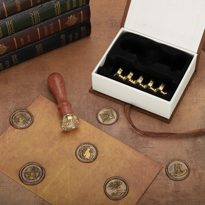 Yoption Wax Seal Stamp Gift Box Set, 6 Pieces Wiccan Copper Sealing Wax Stamp Heads + 1 Wooden Hilt for Invitations Letter Cards Envelopes Witchcraft