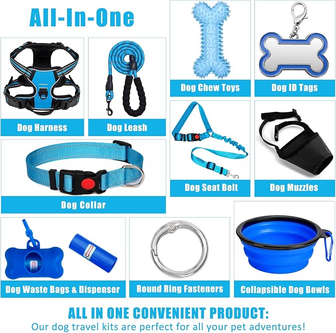 No Pull Dog Harness Adjustable Collar & Leash Set - Dog Halter Harnesses Collapsible Bowls & Poop Bag Dispenser Muzzle ID Tags Toys Fits Small Medium Large Dogs (Blue-S)