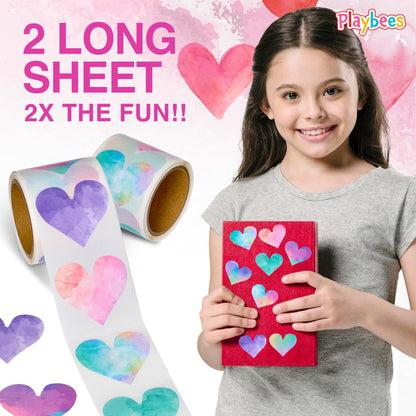 Playbees Watercolor Heart Stickers for Kids - 200 Pack of Rainbow Heart Themed Designs - Valentine’s Day Kids Educational Arts and Crafts, Scrapbooking, Teacher Awards, Classroom Prize, Encouragement