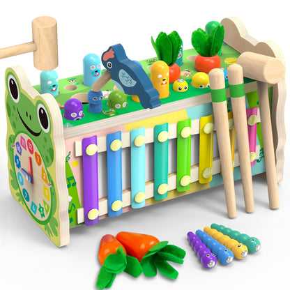 Amtreen 6-IN-1 Wooden Montessori Toys for 1 Year Old, Mole-Tapping Game | Play the Xylophone | Frog Clock | Carrot Harvest Game | Spinning Gear, Toddler Toys Aged 1-3, Baby Toy Gift for Early Learning