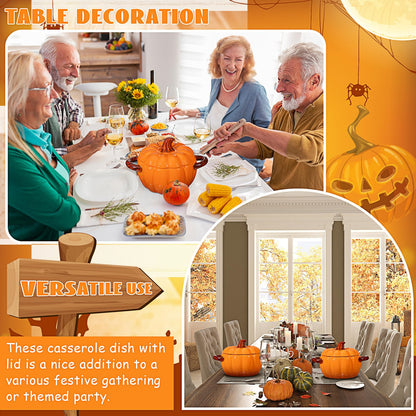 Uiifan 2 Pcs Pumpkin Bowl Ceramic Pumpkin Pot for Cooking Thanksgiving 17 oz Casserole Cookware Soup Dish Orange Cute Safe Oven Pot with Lid Double Ear for Fall Halloween Autumn Baking
