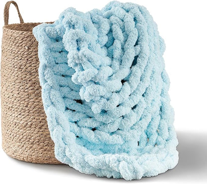 Adyrescia Chunky Knit Blanket Throw | 100% Hand Knit with Jumbo Chenille Yarn (50"x60", Light Blue)