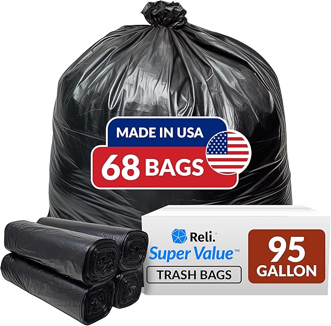 Reli. 95 Gallon Trash Bags Heavy Duty | 68 Trash Bags | Super Sizeable