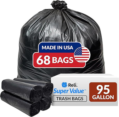 Reli. 95 Gallon Trash Bags Heavy Duty | 68 Trash Bags | Super Sizeable