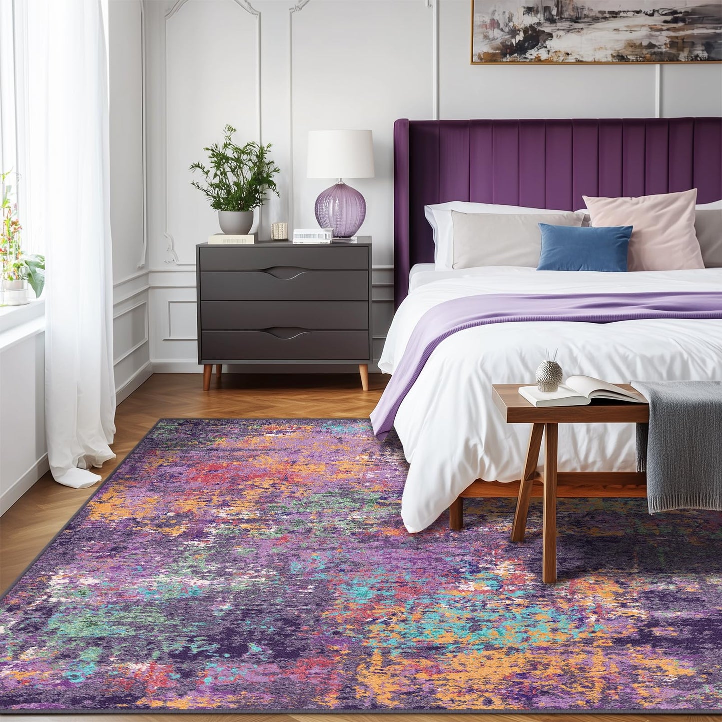 RELEANY Washable Area Rugs 8'x10' Non-Slip Modern Abstract Soft for Living Room Entryway Bedroom Kitchen, Print Pattern, Purple Orange Blue Green Rust Red Colorful