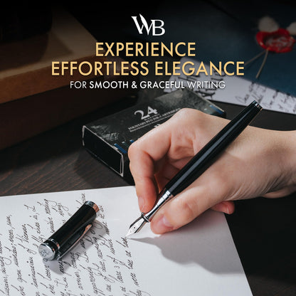 Wordsworth & Black Fountain Pen Set, Medium Nib, Includes 24 Ink Cartridges and Ink Refill Converter, Gift Case, Journaling, Calligraphy, Smooth Writing Pens [Black Chrome], Perfect for Men and Women