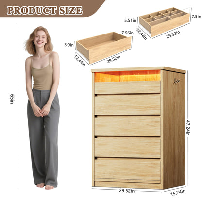 Jocoevol 5 Drawer Dresser for Bedroom with LED Light, Modern Chest of Drawers with Hidden Handles, Tall Wooden Dresser Closet for Living Room, Entryway, Hallway - Oak