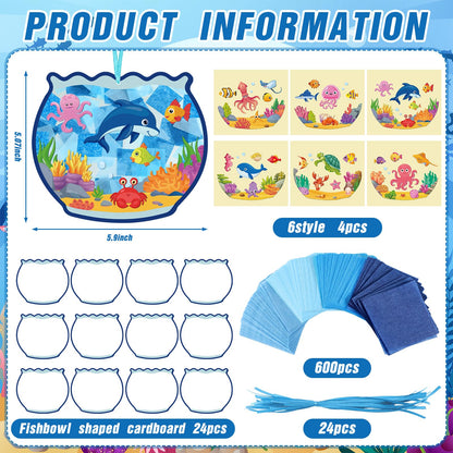 Supervitae 24 Sets Fishbowl Paper Crafts Kits Summer Crafts Sun Catchers Art Kits DIY Fish Tissue Paper Sign Make an Ocean Animals Worlds Stickers Scene for Window Activities Game Party Decor