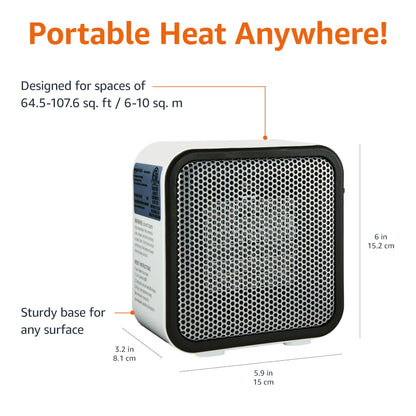 Amazon Basics Ceramic Space Heater, Portable Mini Heater for Office Desk, 500W, With Tip-Over Protection, Lightweight 1.4 lbs, White, 5.9"D x 3.2"W x 6"H