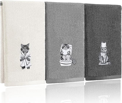 3 Pcs Cat Bathroom Hand Towels Set Cute Black Cat Embroidered Decorative Funny