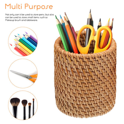 Lurrose 2pcs Rattan Pencil Holder Handmade Pen Cup Wicker Makeup Brushes Holder Woven Vine Pen Container Desk Organizer for Home Office Desktop Kitchen Utensil