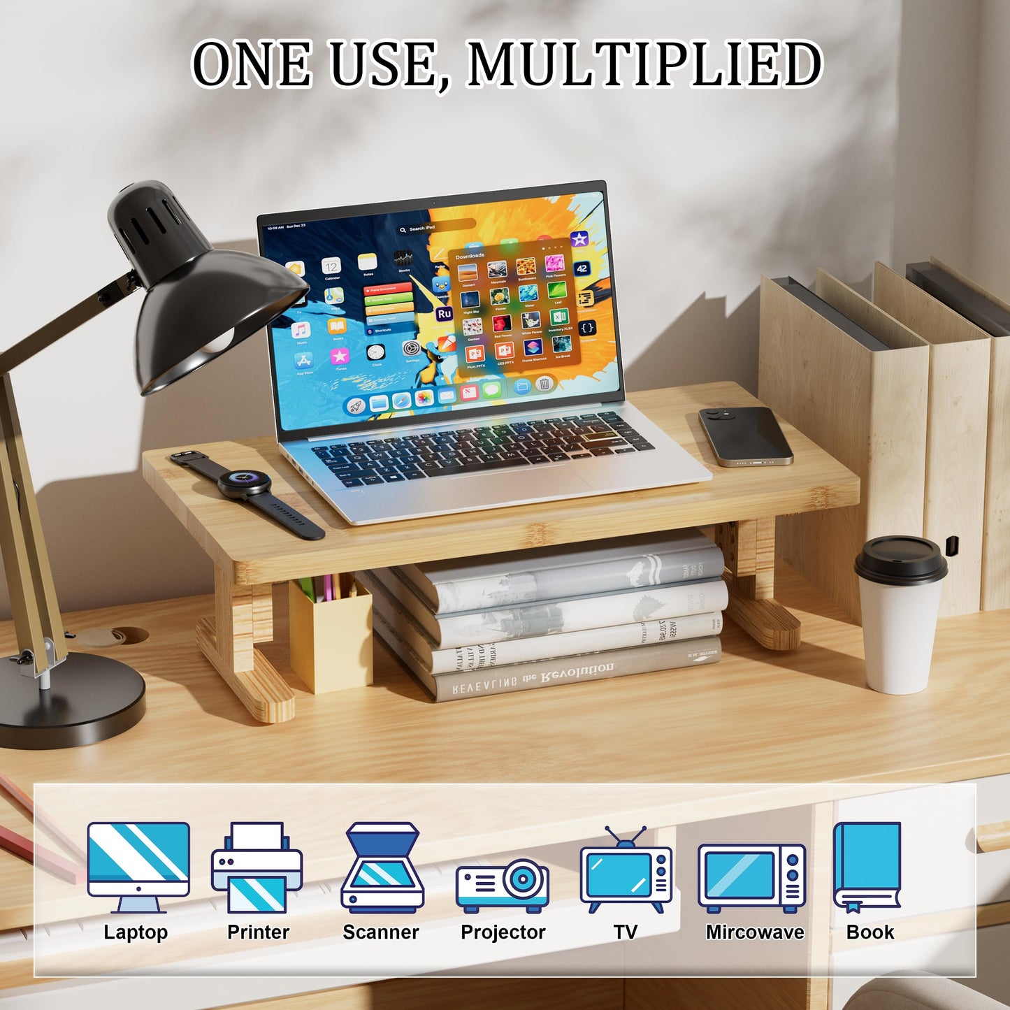 Qecamy Bamboo Monitor Stand Riser for Desk, Height Adjustable Computer Riser & Laptop Stand, Ergonomic Desktop Organizer Shelf W/ Underneath Storage, Sturdy 100 lbs Capacity for Printer/TV/Home Office