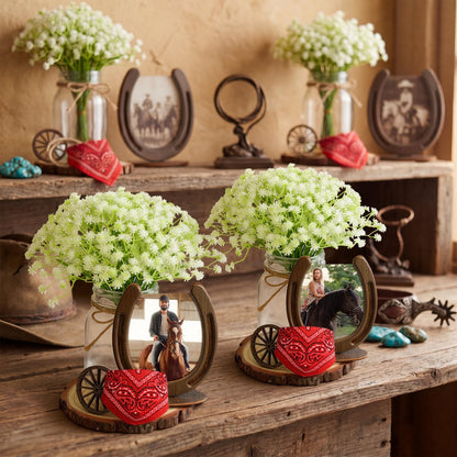 Bucherry 6 Sets Western Cowboy Centerpieces for Table Wild Cowgirl Rodeo Party Decorations with Wood Chips Wheels Mason Bouquets Ropes Horseshoe Headscarves for Wedding Party Birthday Decor(Classic)