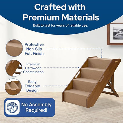 Stakmore Pet Steps with Solid Fruitwood Construction and Foldable Design, Stairs for High Beds for Pets in All Life Stages, Brown Felt