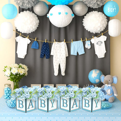 MASTRON Baby Shower Boxes Decorations 4Pcs Wood Baby Blocks with Printed Baby Letter, Blue Baby Shower Centerpieces for Table, Gender Reveal Neutral Baby Shower Supplies