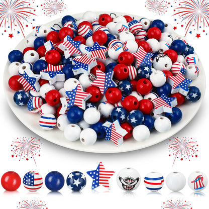 Chunful 300 Pcs 4th of July Wood Beads 250th Anniversary Patriotic Red White and Blue America Flag Star Charm Memorial Day Wooden Craft Beads for Independence Day DIY Jewelry Making, 9 Design