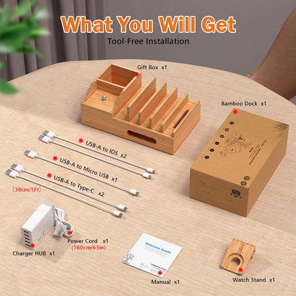 Bamboo Charging Station for Multiple Devices with 5 Port USB Charger, 5 Charger Cables and Smart Watch Stand. Wood Desktop Dock Stations Electronic Organizer for Cell Phone, Tablet, Watch, Office