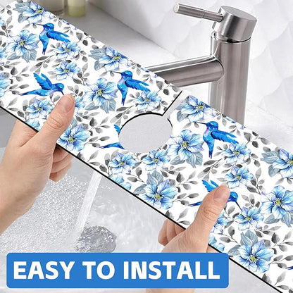 Kitchen Sink Splash Guard Faucet Mat Blue Floral and Hummingbird Absorbent Fast