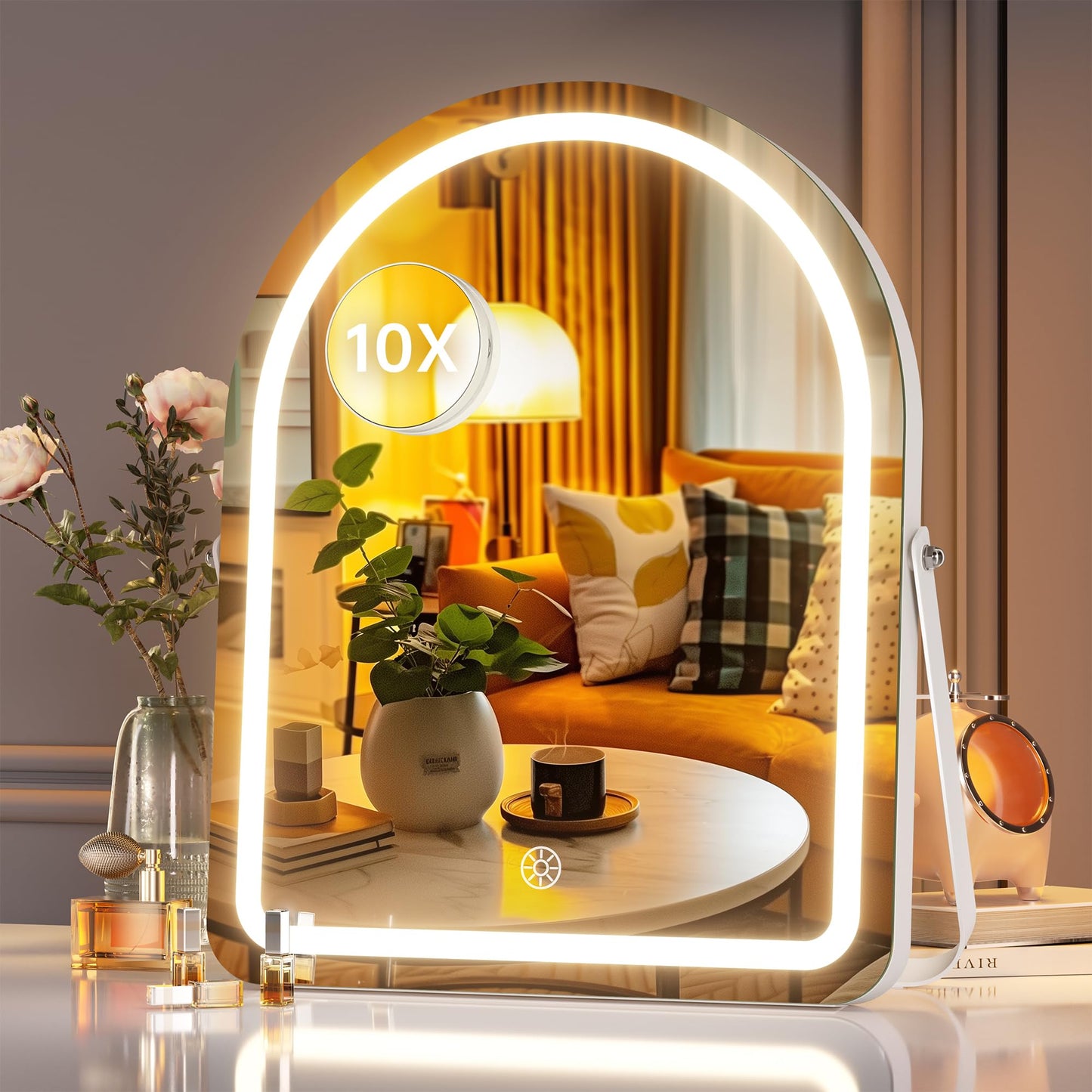 Hasipu Vanity Mirror with Lights, 11"× 14" Arched LED Makeup Mirror, Lighted Makeup Mirror with Lights, Smart Touch Control Dimmable 3 Modes Light 360°Rotation White