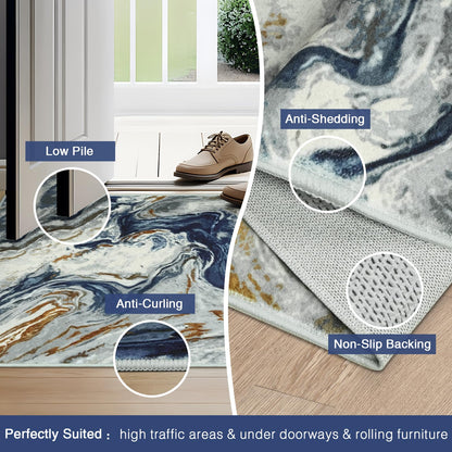 Hallway Runner Rug 2x8, Blue Washable Rug for Bedroom, Non Slip Soft Marble Kitchen Rugs, Abstract Low Pile Entryway Rugs, Stain Resistant Runner Carpet for Laundry Room Bathroom Closet