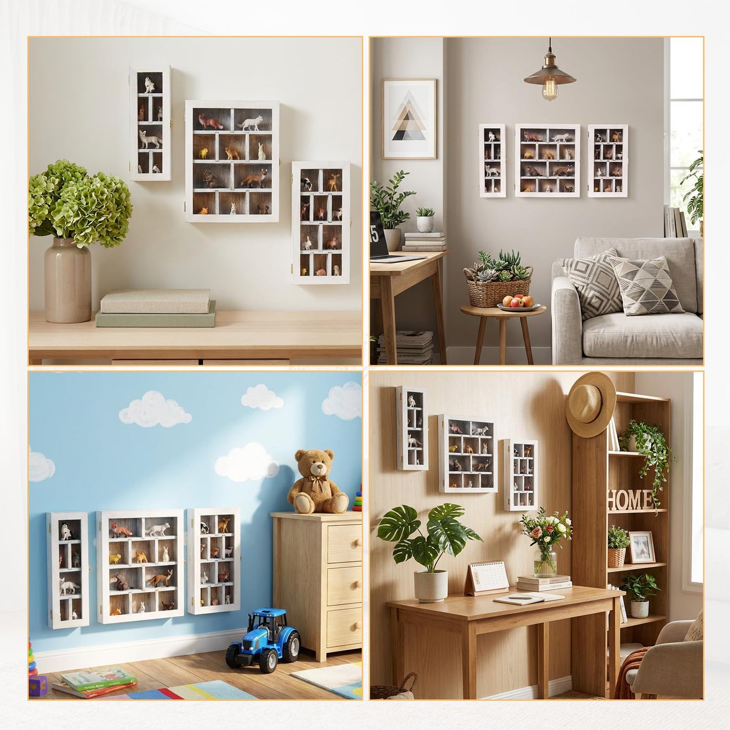 DoubleFill Wooden Trinket Display Shelf Shadow Box with Shelves Large Wall Mounted Display Storage Mini Figures Curio Trinket Medals Crafts Collections (Antique White)