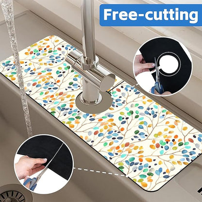 Abstract Watercolor Leaves Sink Faucet Absorbing Mat Sink Splash Guard Faucet