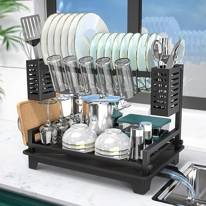 B-Land Dish Drying Rack: 2 Tier Dish Racks for Kitchen Counter and Sink - Large Dish Drying Rack with Drainboard & Utensil Holders - Stainless Steel Dish Drainers Kitchen Organization and Storage