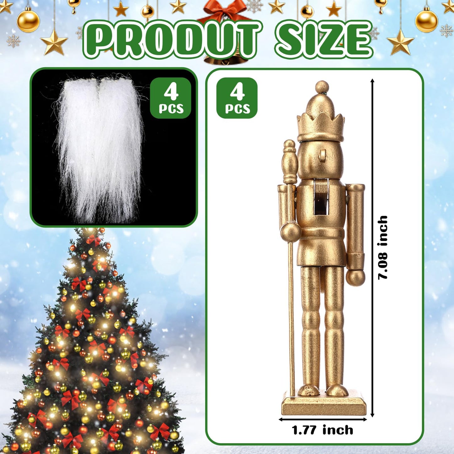 Roowest Christmas Nutcracker Figure 7 Inch Gold Wooden Doll Decoration Set Including Nutcracker with King Shape and White Beard for DIY Crafts Christmas Decorations(4 Pcs)