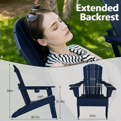 Plawdlik Folding Adirondack Chair, SGS Tested, Wooden Textured with Cup Holder, Heavy All-Weather HDPE Comfortable Set Poolside Backyard Lawn Navy Blue