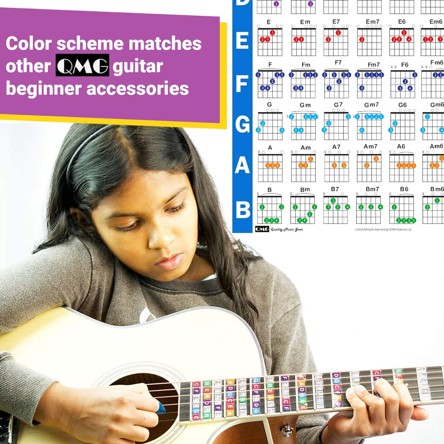 QMG Guitar Chord Poster (24"x30"), Educational Reference Guide for Beginners, 56 Color Coded Chords