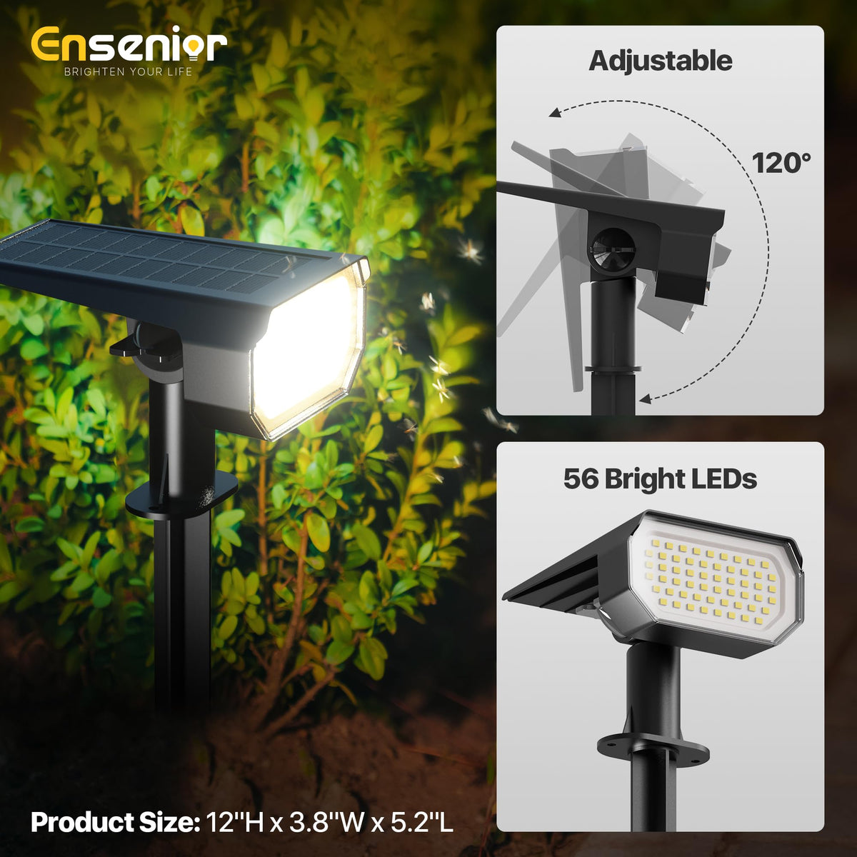 Ensenior Solar Spotlights Outdoor, 6500K LED, Brightness Adjustable, Pack of 4, Cool White, Waterproof, Model CP2-13CM-65K-04-BL