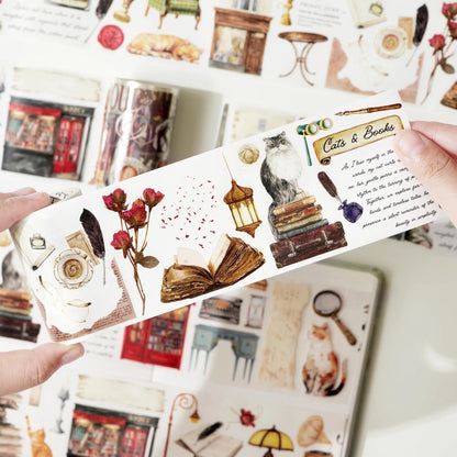 WT Pre-Cut Cats and Books Wide Washi Tape, One Roll 5 Meters, Decorative Cute Washi Tape for Bible Journaling, Bullet Journal Supplies,Scrapbooking Supplies,Planners, Party Decorations