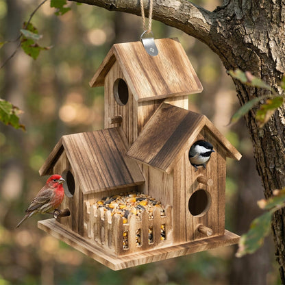 Bird House for Outside, Outdoor 3 Hole Bird House Room Bluebird Finch Wooden Hanging Birdhouse Handmade Wooden Hummingbird-House for Garden,Courtyard, Backyard Bluebirds, Finches, Cardinals