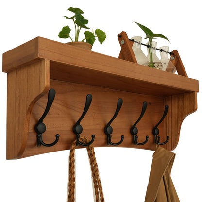 WEBI Wall Shelf with Hooks Underneath,24" Long Coat Rack Wall Mount with Shelf,Key Rack for Wall,5 Triple Hooks for Hanging Coats,Clothes,Jacket,Bathroom,Entryway,Light Brown