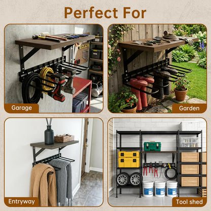Decoroca Wall Mount Boot Rack, Garden Tool Organizer With 5 Curved Hooks & Wood Shelf, Heavy Duty Wader Boot Hangers Organizer Rack Trays for Outdoor/Indoor, Garden, Garage (4 Pack)