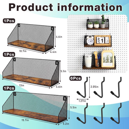 Ferrochef 3 Pack Pegboard Shelves with Hooks, Wall Mounted Grid Shelves, Pegboard Organizer Bins with Wooden Base, Heavy Duty Peg Board Storage Accessories for Kitchen, Bathroom, Garage, Office(Black)